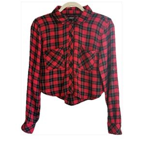 Rails Cropped Plaid Button Down Shirt XS Red Black